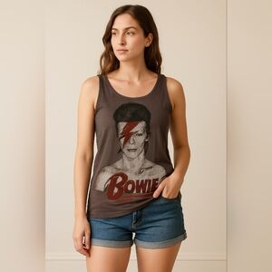 David Bowie Graphic Tank Top Brown 100% Cotton Medium Madness‎ Vintage Style